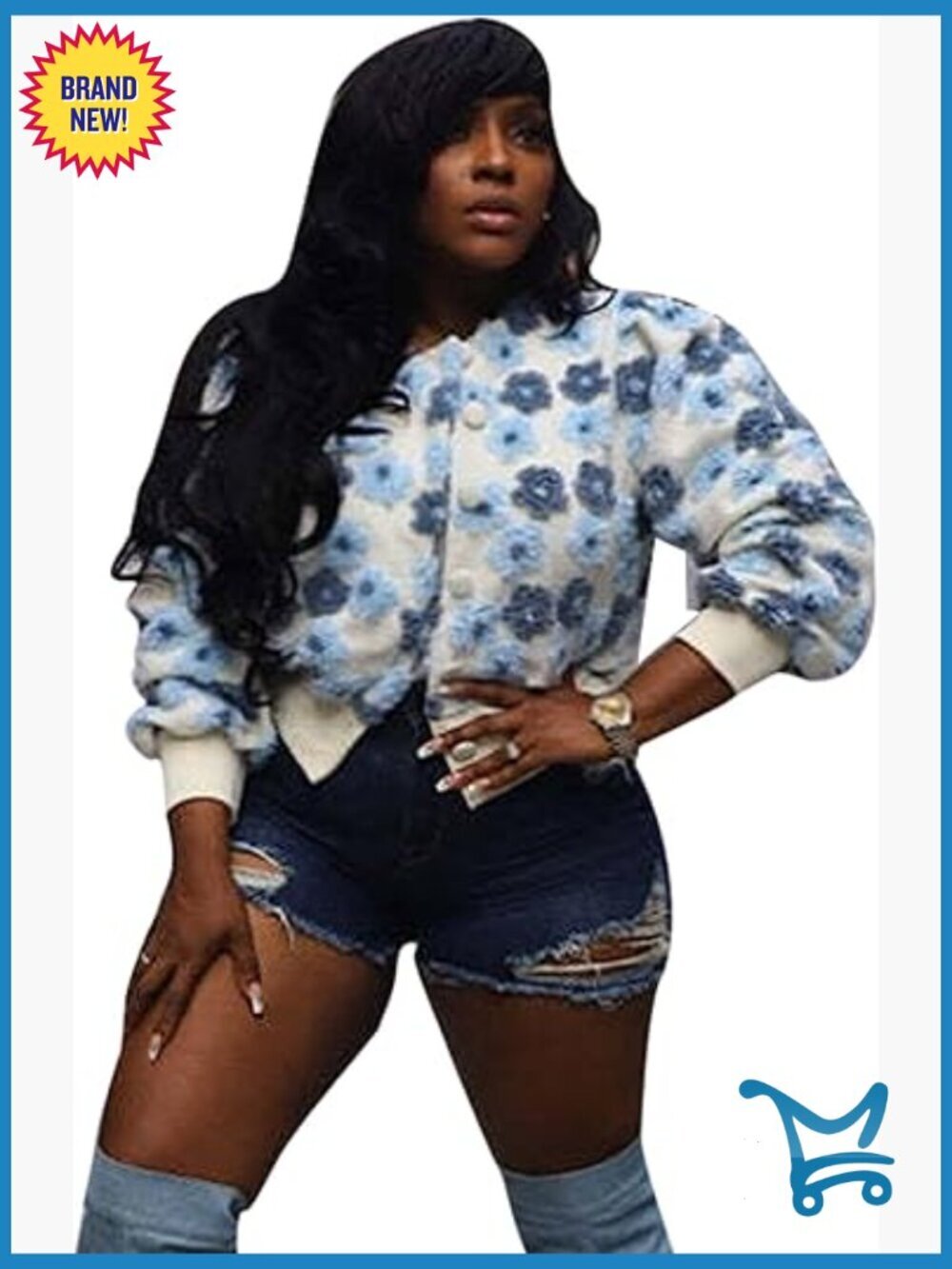 Cropped Floral Print Fleece Bomber Jacket Button Down Fall Coats